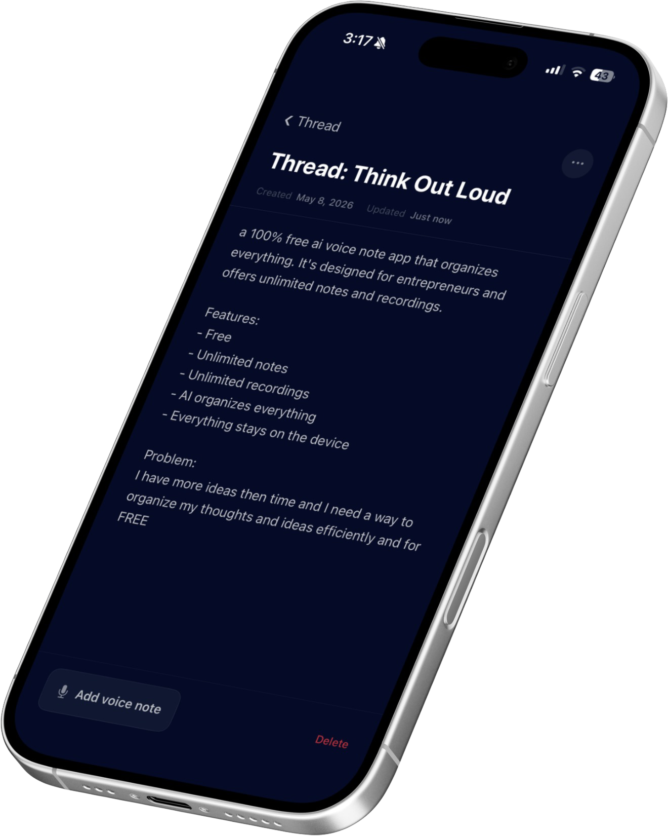 Thread note detail showing a structured AI-organized note